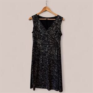 Connected Apparel Black Metallic Jacquard Fit & Flare Dress 10 p Sleeveless
